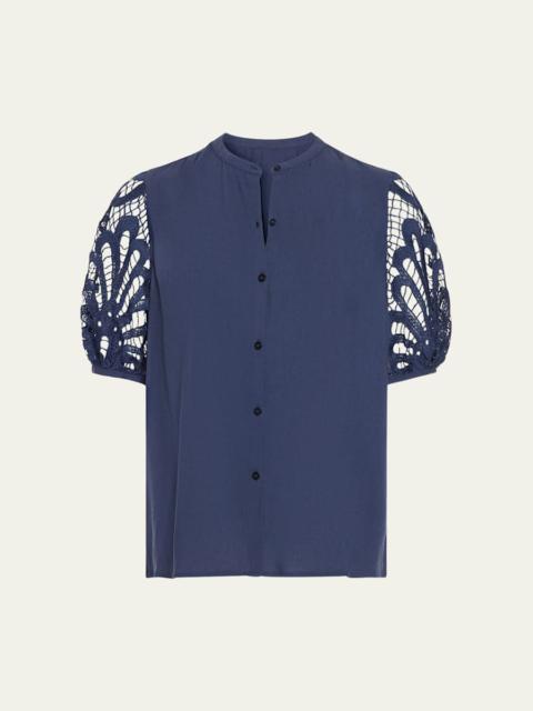 Gia Open-Knit Short-Sleeve Blouse