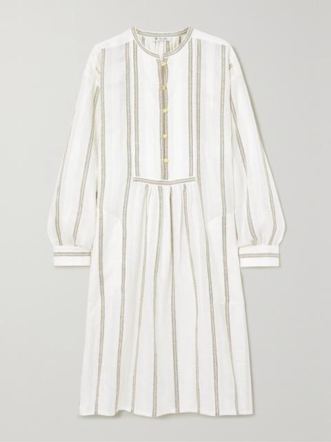 Pleated striped linen midi dress Off-white