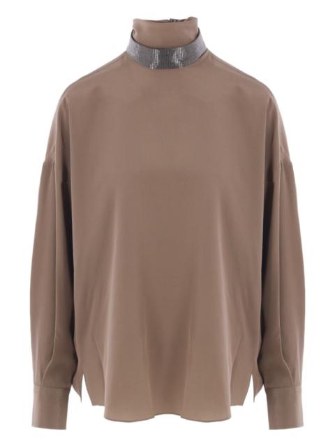 beaded-neck high-neck blouse
