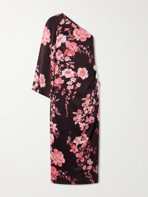 Atlantis One-sleeve Embellished Printed Satin Midi Dress