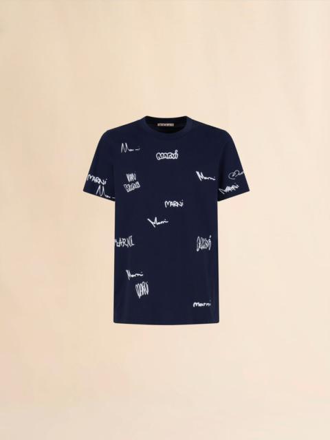 DEEP BLUE COTTON T-SHIRT WITH MULTIGRAM MARNI PRINT