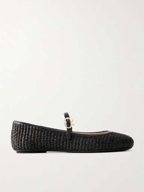 Carla Marbella leather-trimmed raffia Mary Jane flats Black