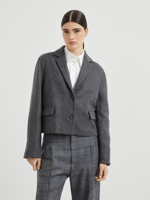 Hand-crafted virgin wool double cloth cropped blazer with shiny cuffs
