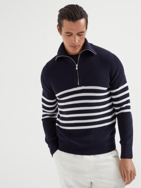 Cotton half English rib striped sweater with half-zip