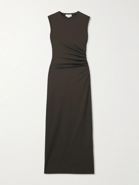 Ruched recycled satin-jersey midi dress Green