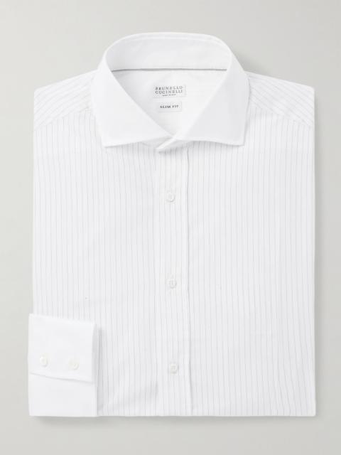 Cutaway-Collar Pinstriped Cotton Shirt White