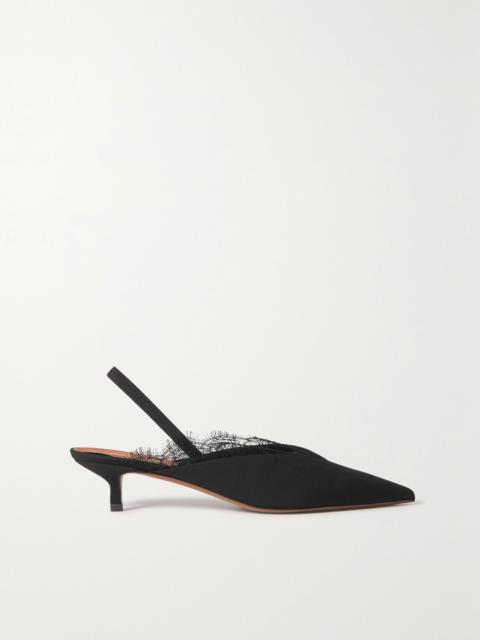 Irena lace-trimmed crepe de chine slingback pumps Black
