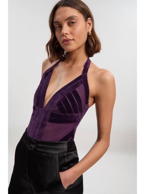 Stretch Velvet Taping Detail Mesh Sweetheart Neck Bodysuit