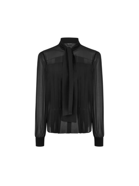 LONG SLEEVE LAVALLIERE BLOUSE WITH PLISSE DETAIL