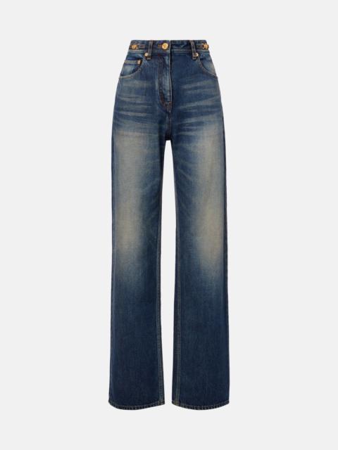 Distressed high-rise wide-leg jeans