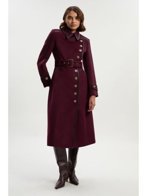 Brushed Wool Pu Mix Gold Trim Belted Midi Coat