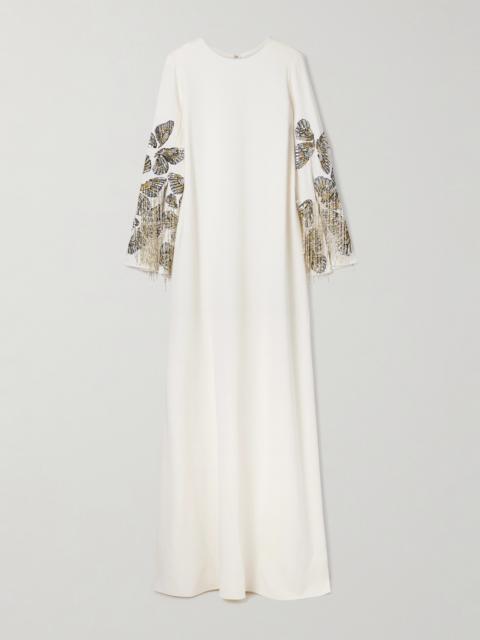 Embroidered Embellished Silk-blend Crepe Gown