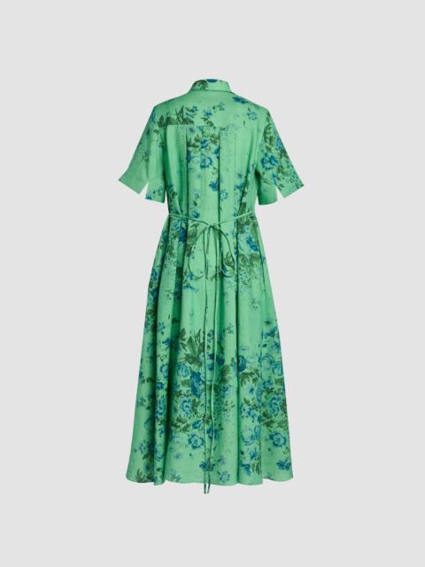 FLORAL PRINT LINEN TIE-WAIST MIDI SHIRT DRESS