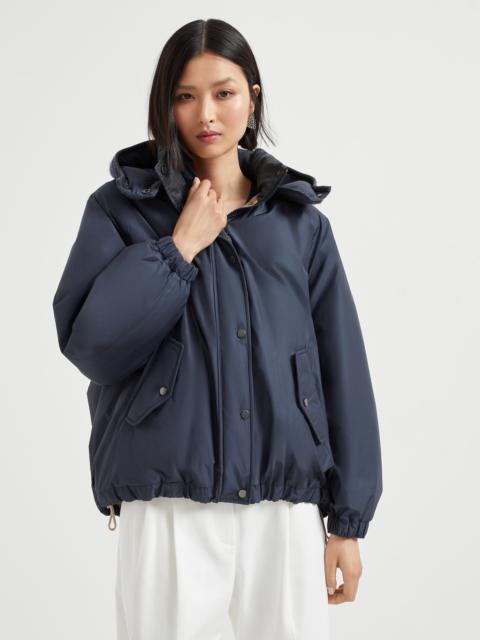 Techno cotton water-resistant taffeta down jacket with detachable hood and shiny zipper pull