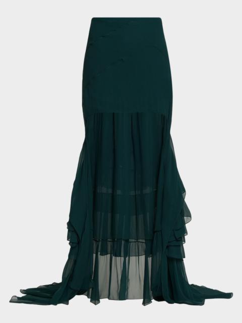 Cascading Ruffle Silk Crepe High-Low Skirt