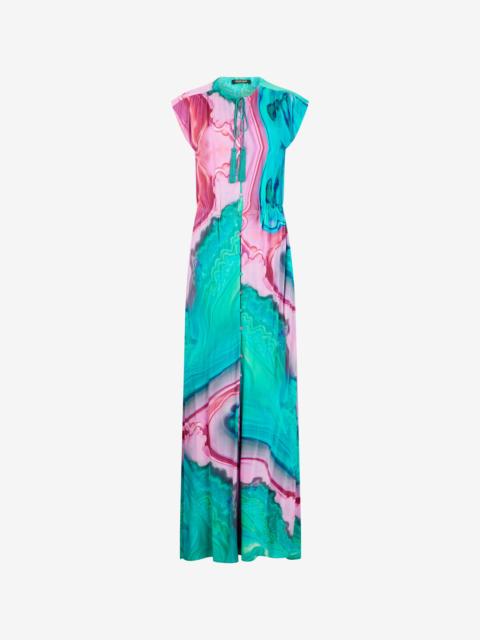Long dress chemisier with multicolor marbled print