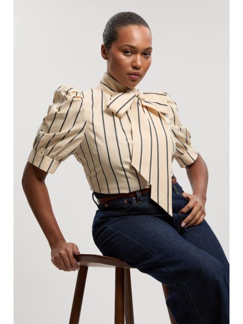Plus Size Mono Stripe Cotton Poplin Pussy Bow Puff Sleeve Woven Blouse