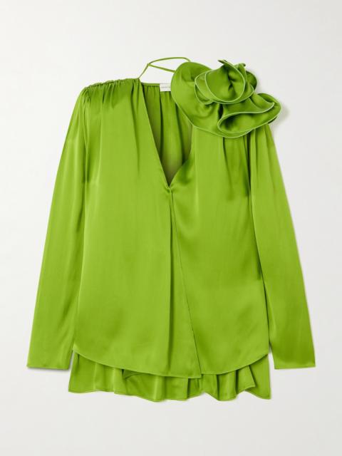 Appliquéd Gathered Silk-satin Blouse