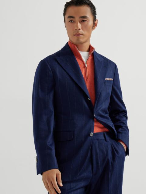 Wool and cashmere wide chalk stripe flannel deconstructed blazer with large peak lapels and metal bu