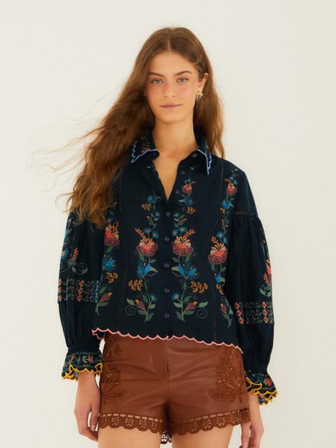 Navy Blue Stitched Garden Wavy Hem Blouse