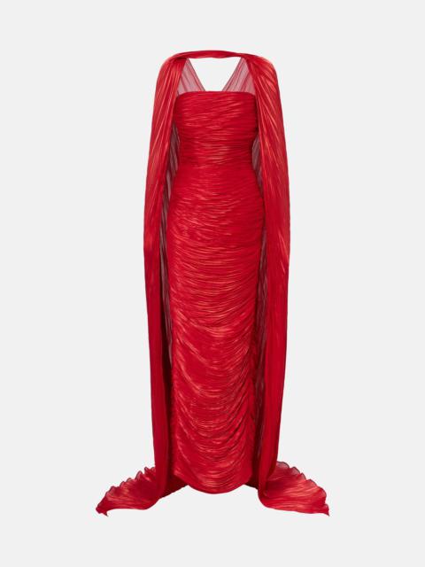 Caped pleated bustier gown