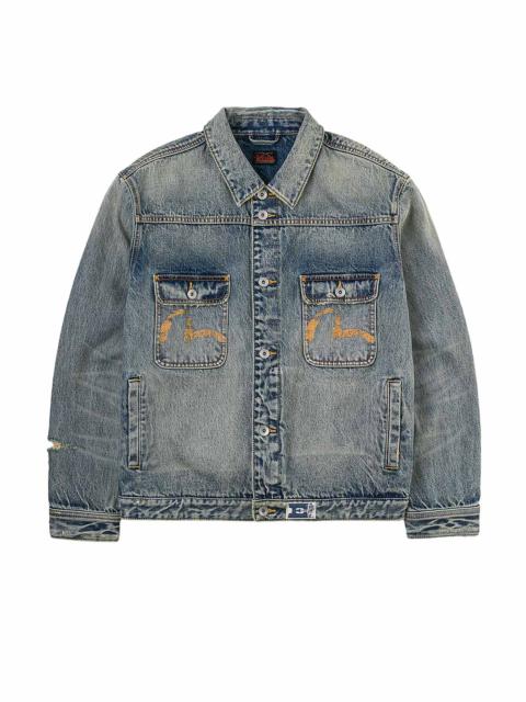 Distressed Seagull Print and Frayed Logo Patch Embroidery Relax Fit Denim Jacket