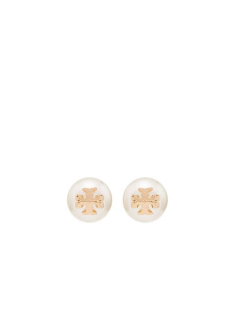 logo-plaque pearl stud earrings