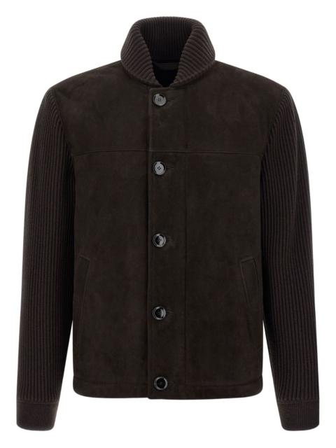 ribbed-sleeve suede bomber jacket