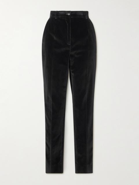 Satin-trimmed Cotton-blend Velvet Slim-leg Pants