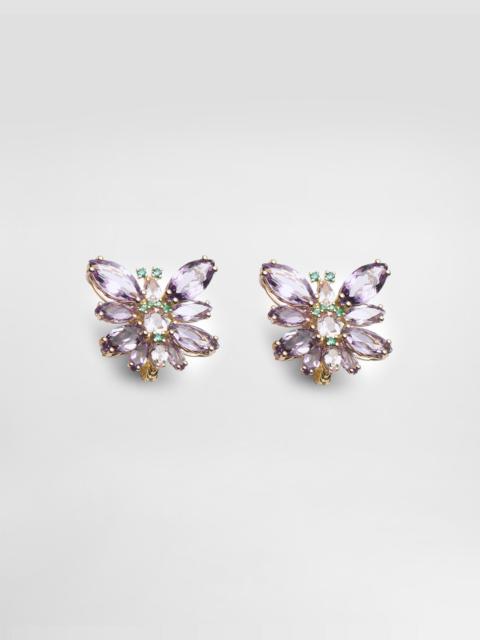 Butterfly Earrings 18-carat yellow gold, amethysts, morganites, and emeralds
