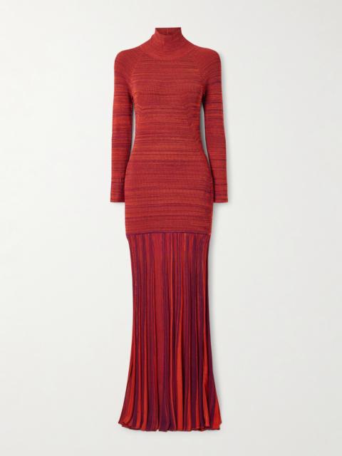 Pleated Ribbed-knit Turtleneck Gown
