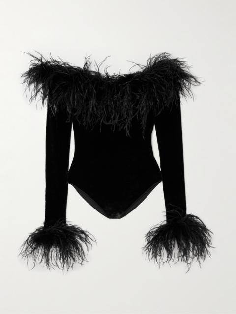 Plumage Off-the-shoulder Feather-trimmed Stretch-velvet Bodysuit