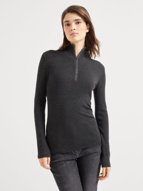 Virgin wool and cashmere rib lightweight sweater with precious half zip