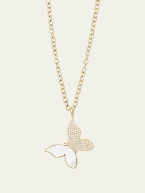14K Yellow Gold Large Butterfly Charm Necklace with Pearl Inlay and Diamonds