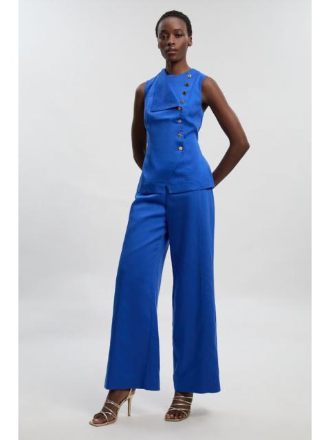 Tailored Linen Button Front Wide Leg Trouser