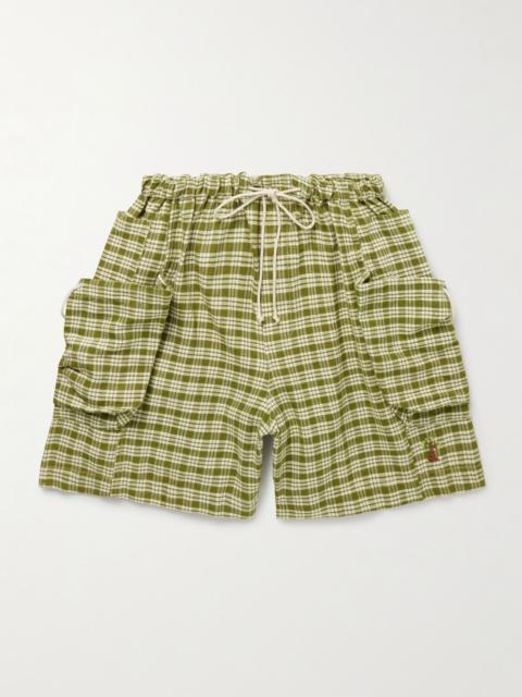 Salt Wide-Leg Checked Organic Cotton-Canvas Drawstring Shorts Green