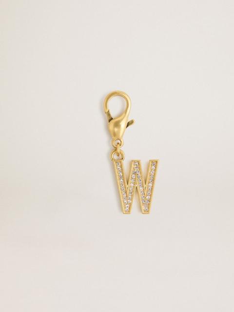 Letter W charm in gold-colored brass with crystals