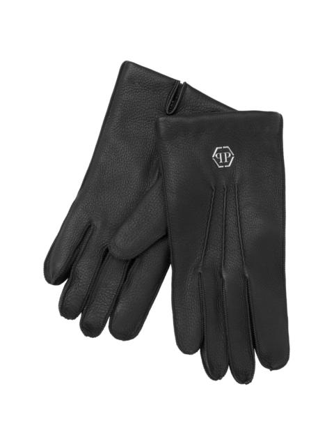 appliquÃ©-logo leather gloves