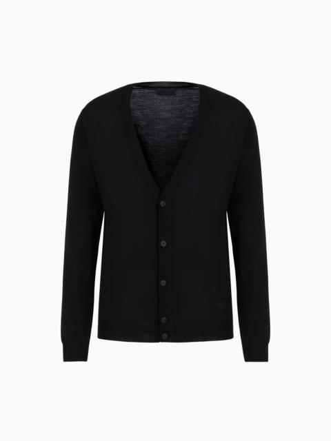 Plain-knit, virgin-wool V-neck cardigan