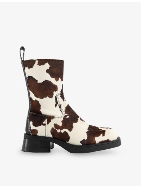 Yolanda Cow-Print Vegan-Suede Ankle Boots