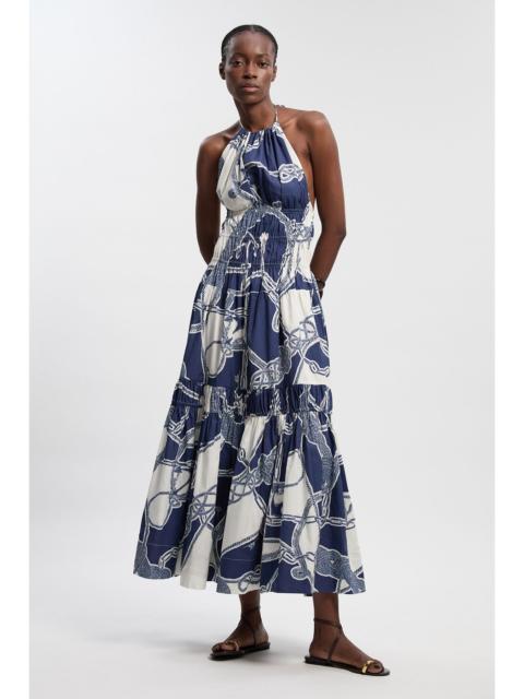 Petite Shirred Cotton Tiered Chain Print Halter Neck Woven Maxi Dress