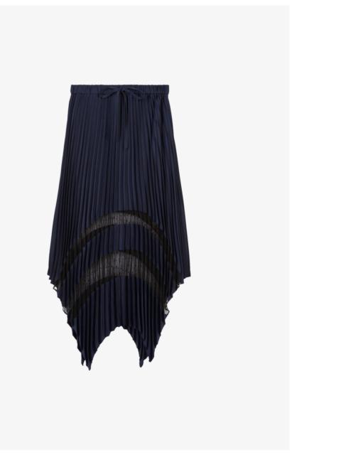 Lace-embroidered asymmetric-hem pleated woven midi skirt