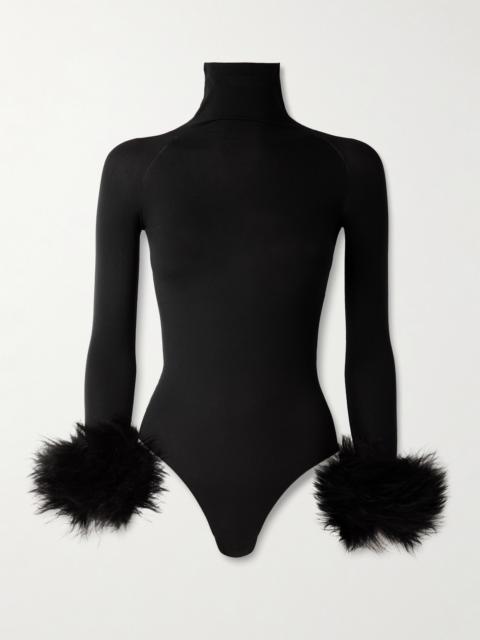 Shearling-trimmed Stretch-jersey Turtleneck Bodysuit