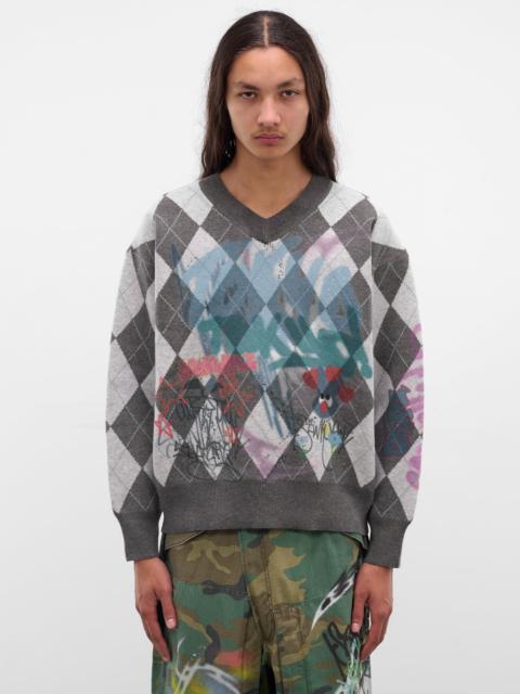 Gray Argyle Graffiti Sweater