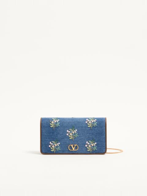 VALENTINO GARAVANI VLOGO SIGNATURE MINI SHOULDER BAG IN DENIM WITH FLORAL EMBROIDERY