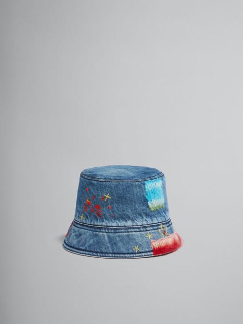 BLUE ORGANIC DENIM BUCKET HAT WITH MOHAIR PATCHES