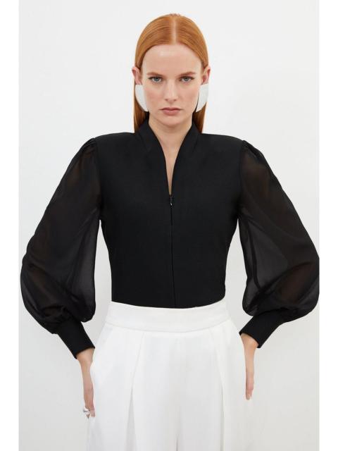 Bandage Figure Form Zip Detail Chiffon Sleeve Knit Top