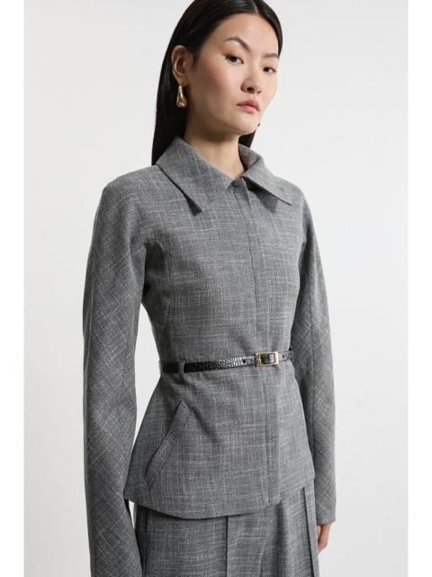 Mono Texture Belted Collared Tailored Jacket