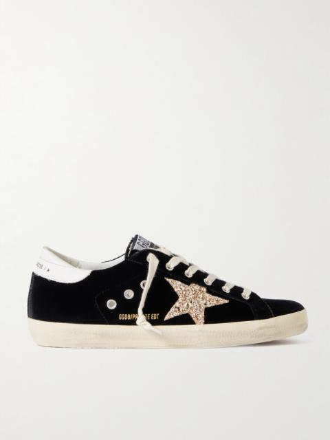 Super-star Eyelet-embellished Distressed Glittered Leather And Velvet Sneakers
