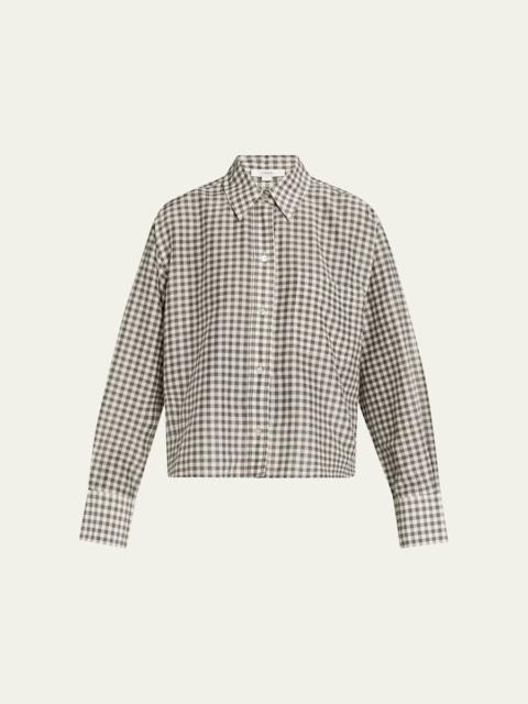 Long-Sleeve Cropped Cotton-Silk Gingham Shirt